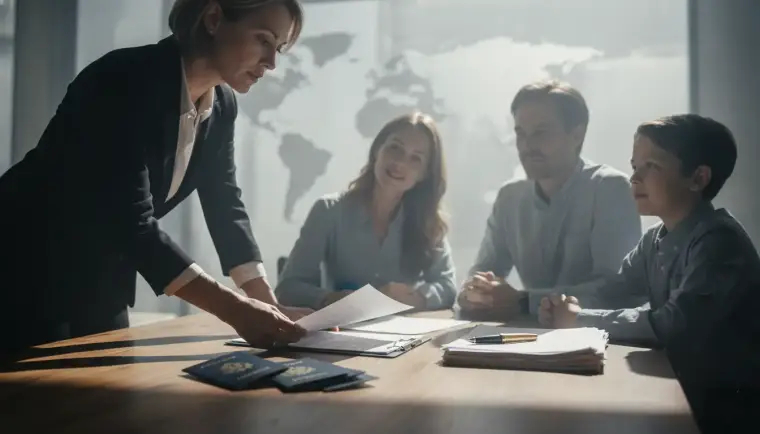 Consultora apresentando o planejamento de mudança a uma família